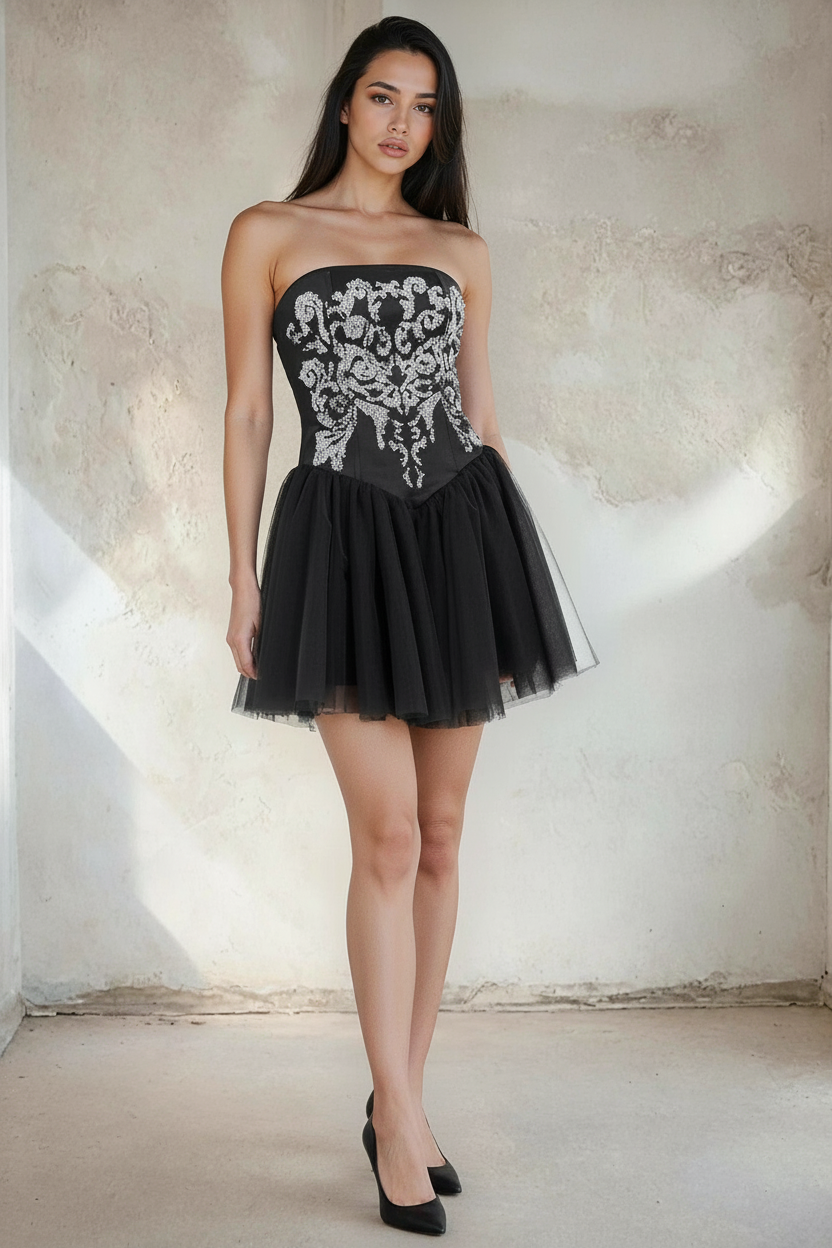 Stone Print Strapless Mini Tulle Dress – Party & Club Collection-59622